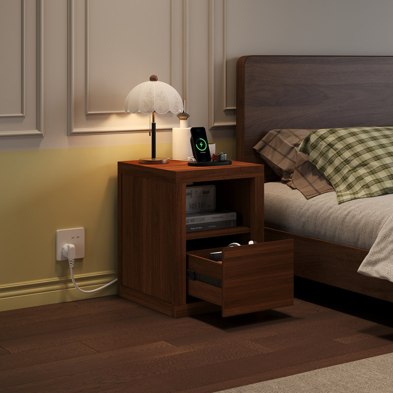 Table de chevet avec station de charge cachée, table de chevet étroite avec 2 prises de courant, ports USB et Type-C, tiroir et tablette ouverte, table de bout en grain de bois pour les petits espaces de chambre à coucher (noyer brun, l 15,98 po)