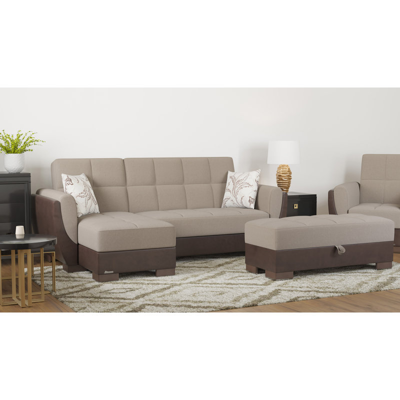 Clemmer Fabric Upholstered Ottoman with Storage, Beige/Brown Chenille