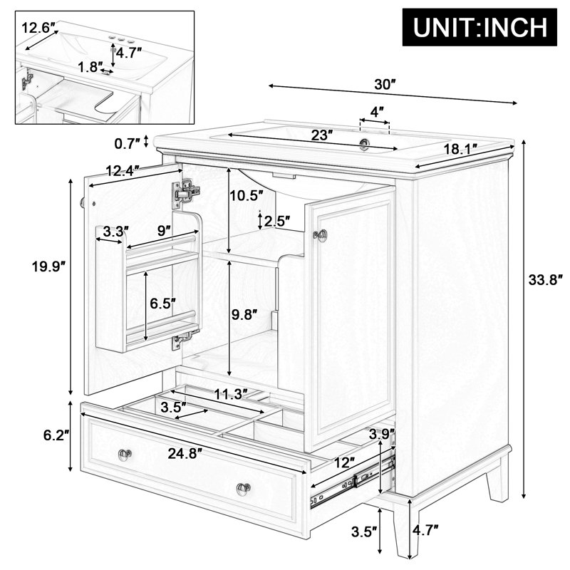 Meuble-lavabo 30 po avec lavabo, Blanc, Trou simple