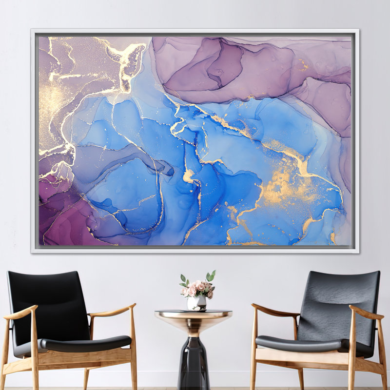 Encre de luxe abstraite à l'encre alcoolisée - décoration murale en toile marbrée dorée dans des tons mauves et bleus, Blanc