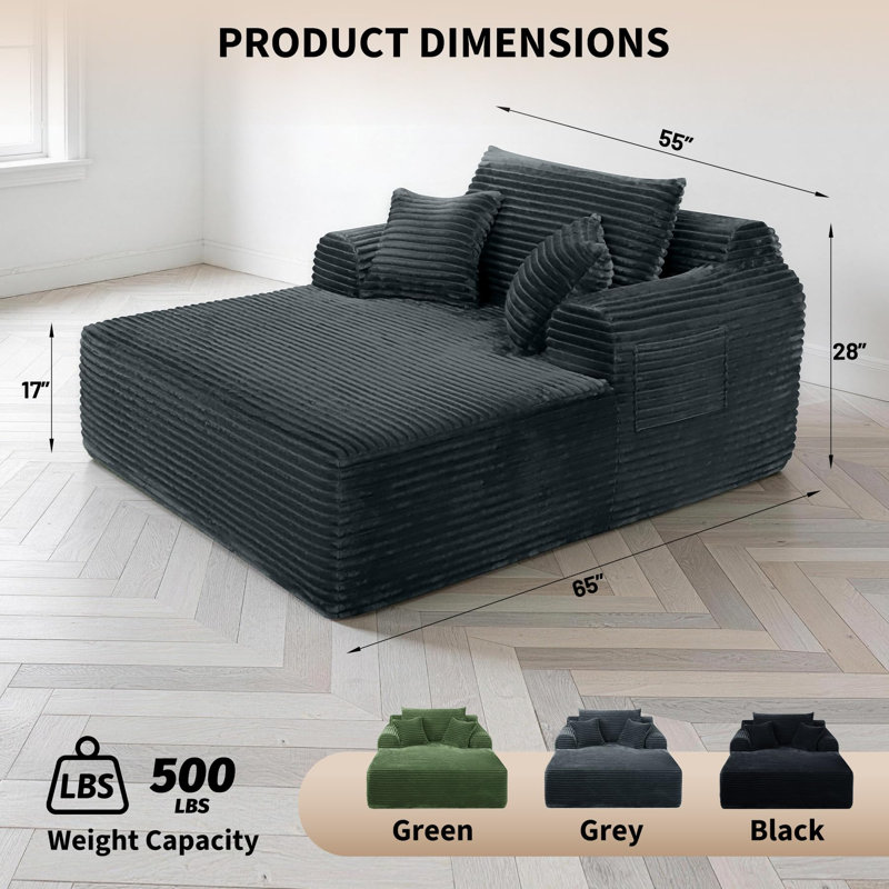 Très grand canapé-lit en velours côtelé, siège profond multi-positions avec 3 coussins assortis, structure robuste pouvant supporter jusqu'à 500 lb, installation sans outil pour le salon et la chambre à coucher - gris