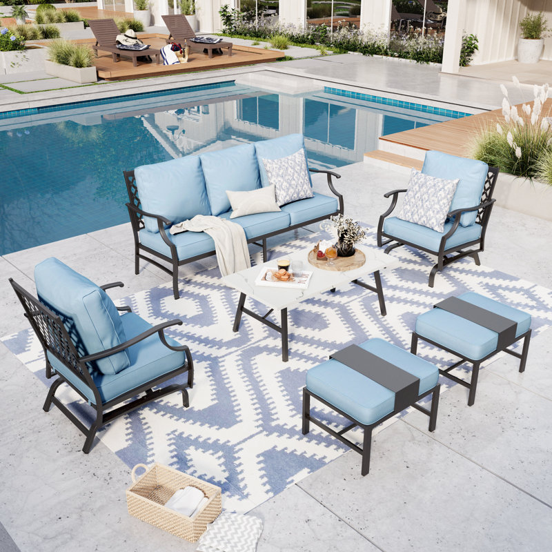 Tapasi 5-7 - Person Patio Conversation Set with Rocking Lounge Chairs & Optional Ottoman, Blue, Yes