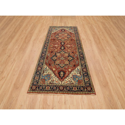 4'x10'1" Red Pure Wool Hand Knotted Heris Re-Creation Wide Runner Rug DB718AD23EE042A889A3273148C8B1AB