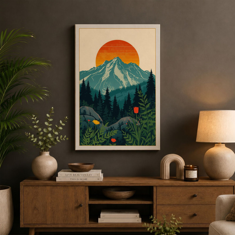 Mountain at Sunrise Japandi - Wrapped Canvas, 36x24 - 91.4 x 61.0 cm, Terracotta Border