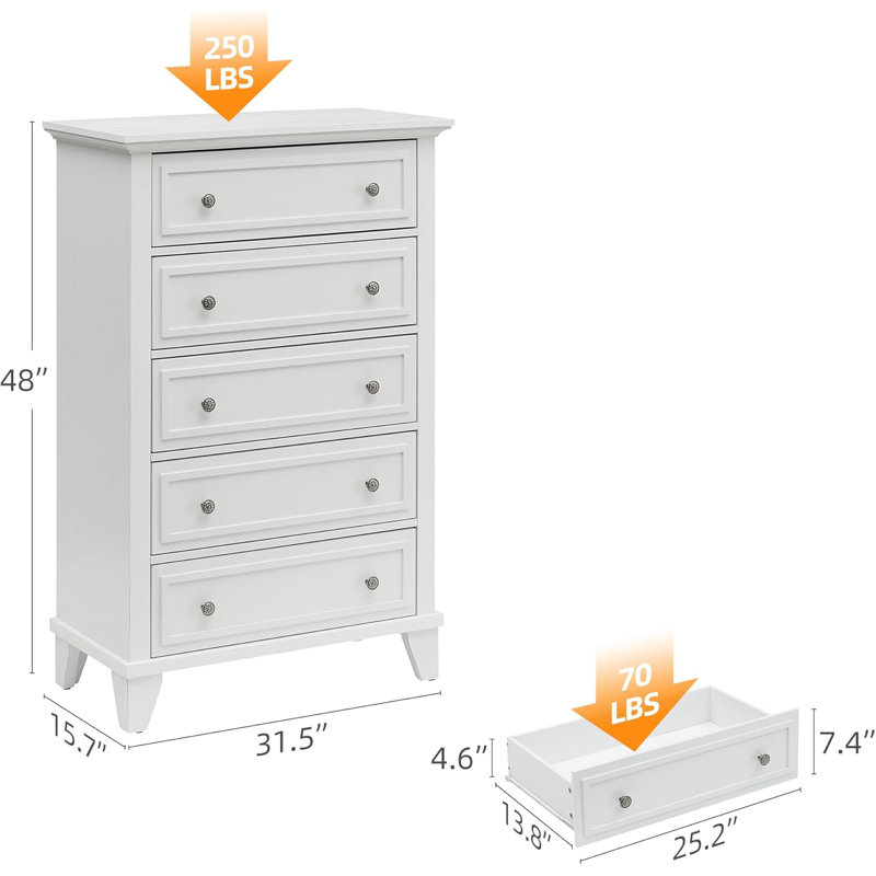 Commode blanche à 5 tiroirs pour la chambre à coucher, commode en bois et commodes à tiroirs profonds, commode de commode moderne avec poignées en métal pour le salon, le couloir, le vestibule