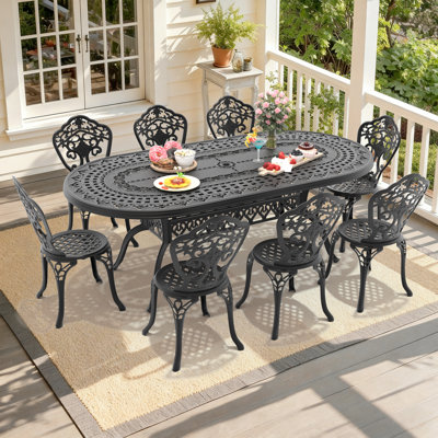 9-Piece 81.89"L Patio Oval Dining Set with Umbrella Hole, 8 Chairs with 15.35" Seat Width