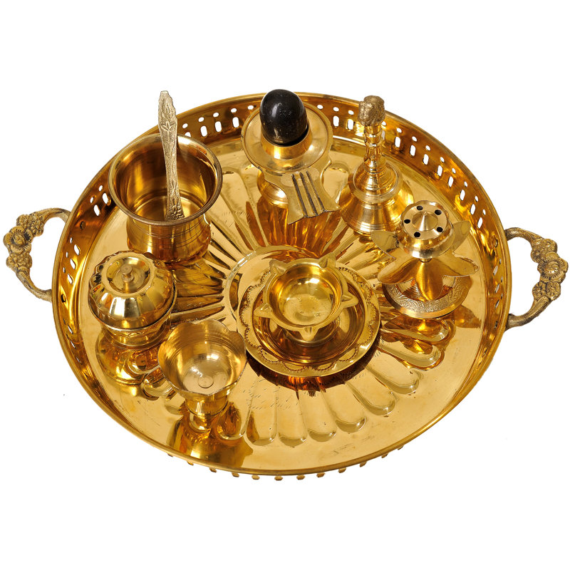 10" Handmade Brass Puja Thali Complete Shiva Linga Worship Set - Traditional Hindu Ceremonial Plate Home Temple Spiritual Decor Made in India