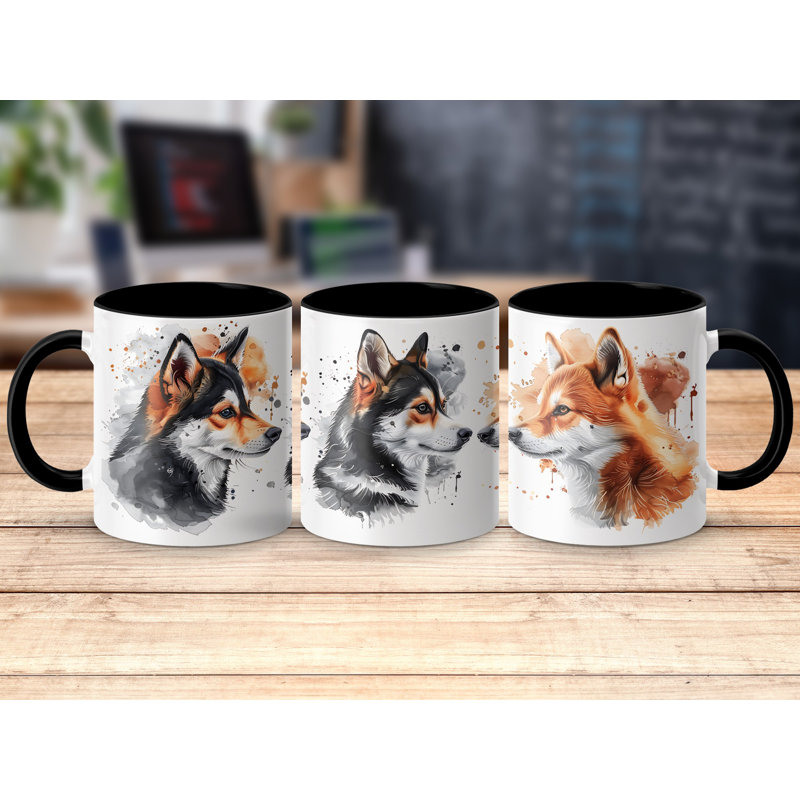 Watercolor Wolfdog Fox Design 11oz Coffee Mug, Black, 3