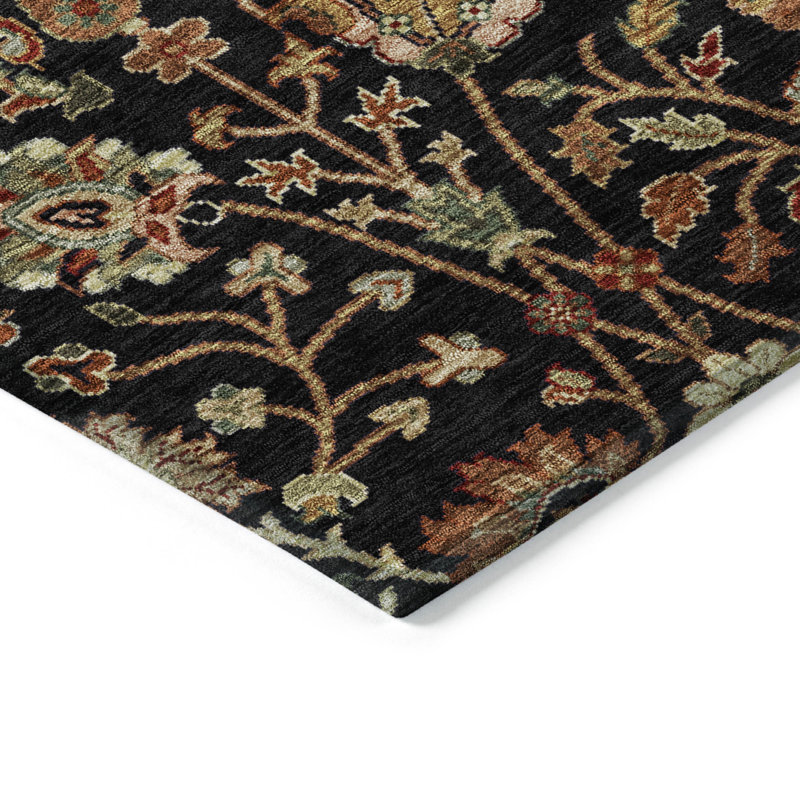 Black Floral Synthetic Rectangular Washable Area Rug