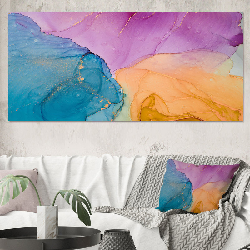 Art liquide bleu et orange II - reproduction sur toile, Toile tendue, H 28 po x l 60 po x P 1,5 po