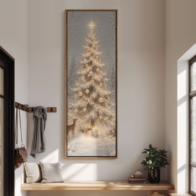 " Large Framed Canvas Wall Art - Glowing Christmas Tree Deer Winter Decor - 60"x20", 60"x30" ", 60" H x 20" W, Naturel