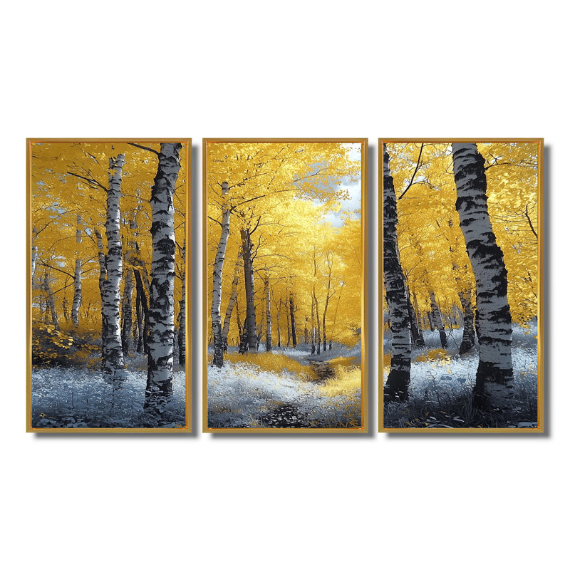 «Yellow Birch Woods in Forest Photo III», ensemble de reproduction d'art mural forêt, Toile avec cadre flottant or