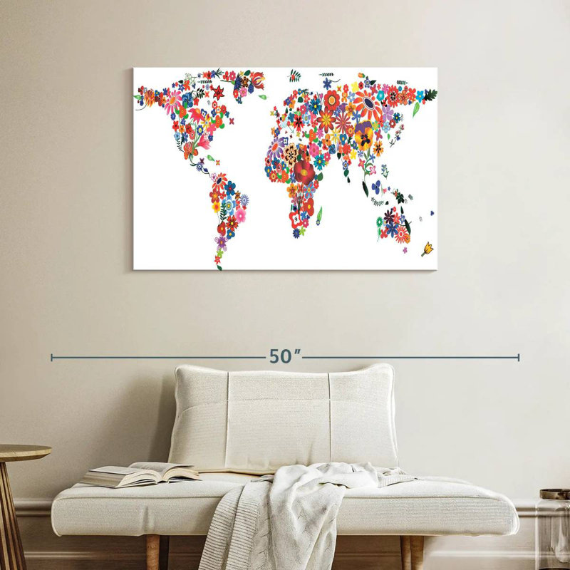Harnek Flowers World Map, 26" H x 39" W