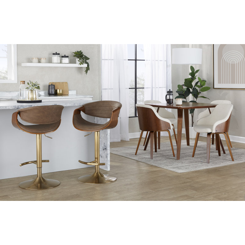 Arabelle Adjustable Faux Leather Bar Stool with Rounded T Footrest (Set of 2), Espresso, Gold