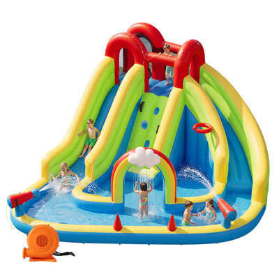 Parc aquatique gonflable 13 x 15 pi - glissade double, piscine, canons à eau et panier de basketball pour les enfants