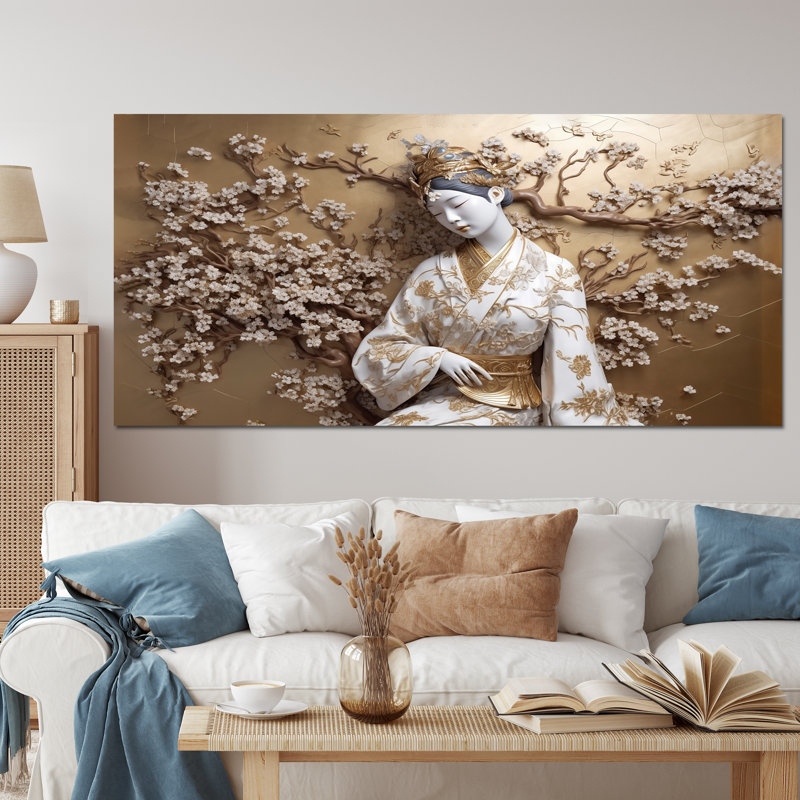 Statue de femme japonaise sur toile, impression, H 30 po x l 40 po x P 1,5 po, Cadre flottant noir