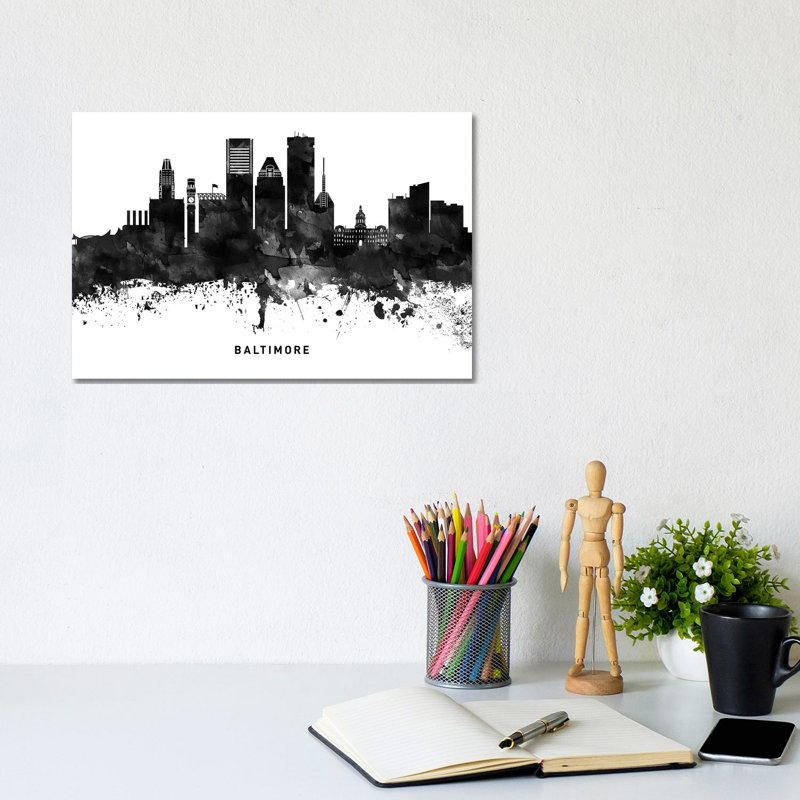 Baltimore Skyline Black And White by WallDecorAddict - Wrapped Canvas Print, 20.32 cm H x 30.48 cm W