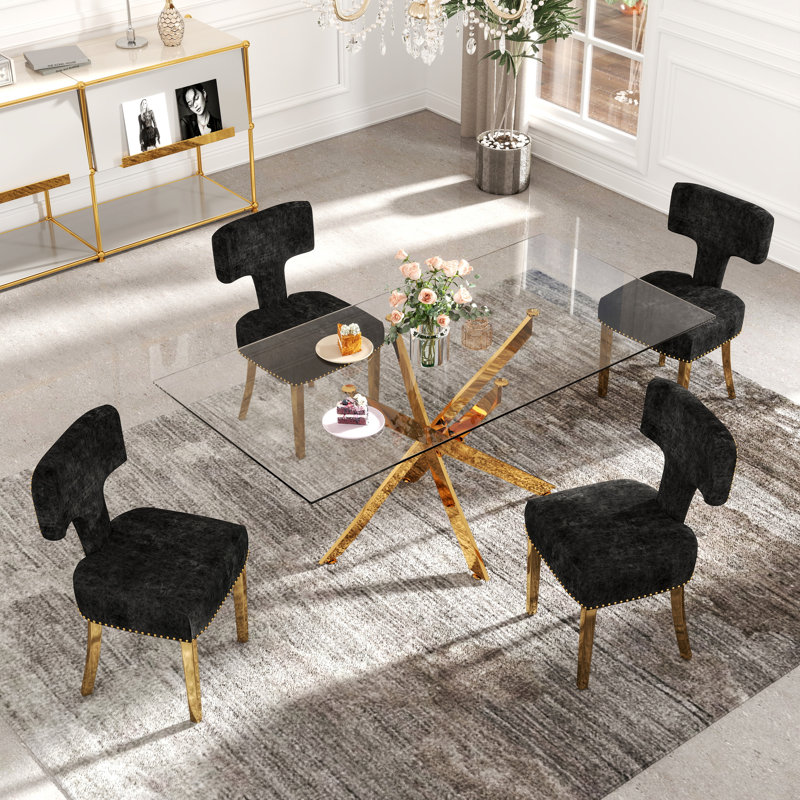 Ensemble de salle à manger sur pied moderne en verre trempé avec chaise Chenin, Noir et or, Doré