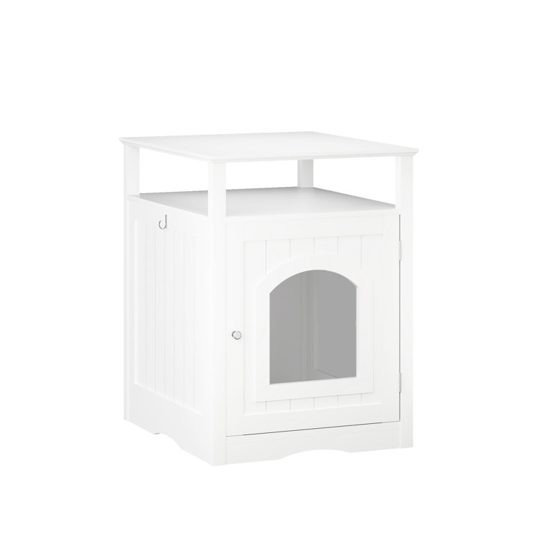 Meuble de litière caché - Enclos pour chat, Maison blanche d'intérieur avec armoire fermée, Espace douillet, Crochet latéral et Tablette fonctionnelle, Boîte en bois moderne pour clôture de salon, Construction, Table ou