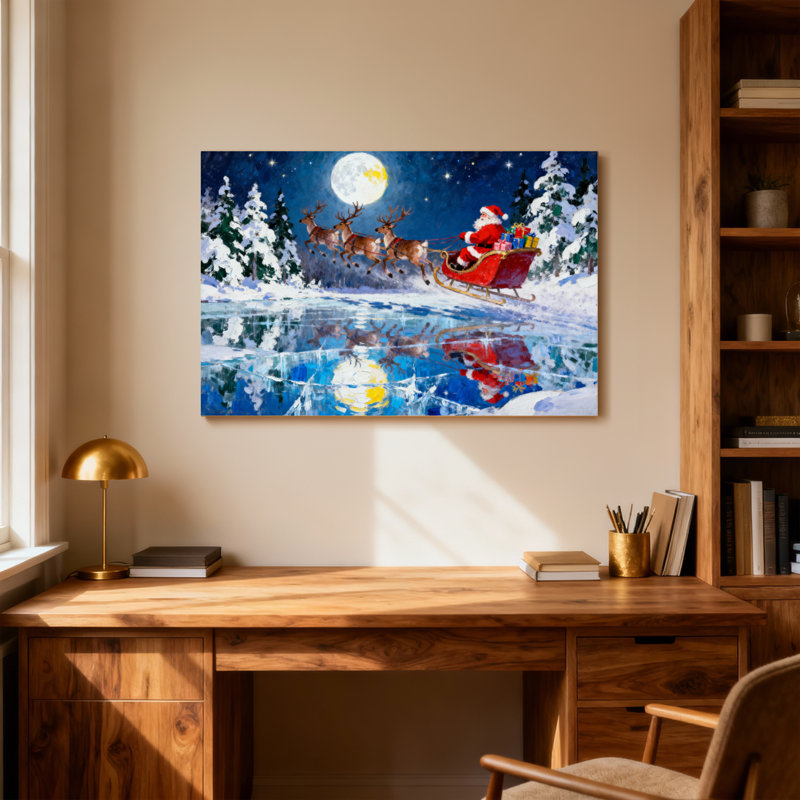 Noël, père Noël, traîneau, renne, lune de neige, reflet, scène de Noël, H 12 po x l 18 po