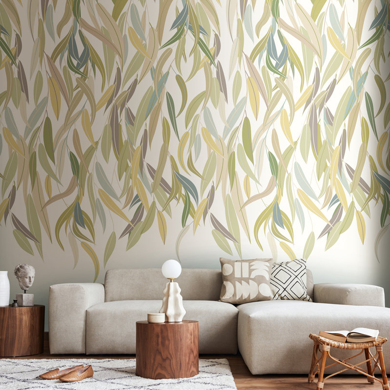 Willow Leaf Vine Olive & Stone - 3 Drop Repeatable Wall Mural, Olive/Stone