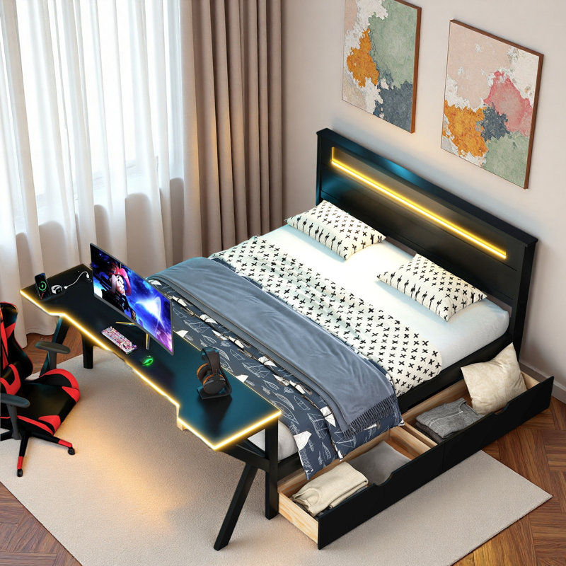 Lit plateforme en bois avec tête de lit, bureau à DEL, station de charge et 2 tiroirs de rangement, Double