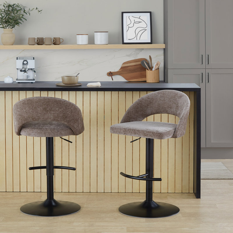 Ensemble de 2 tabourets de bar réglables pivotants, structure en métal noir avec tissu brun et repose-pieds en T, Noir