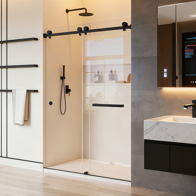 Porte de douche coulissante de 56 à 60 po x H 76 po avec verre trempé antidéflagrant de 3/8 po (10 mm), sans cadre, quincaillerie en acier inoxydable