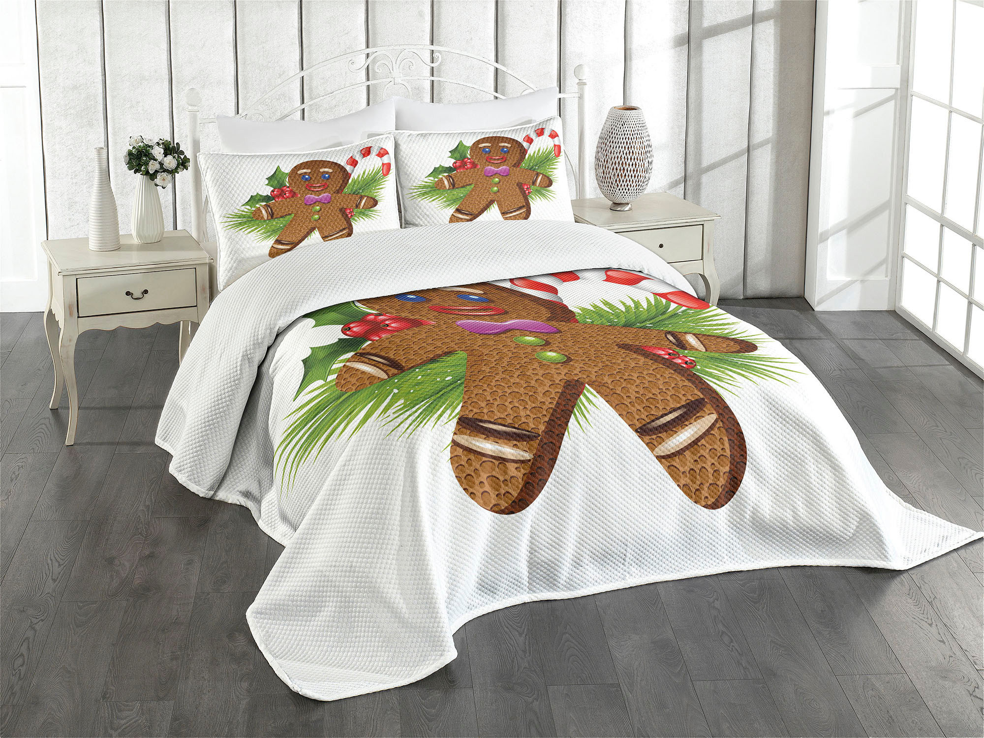 Ambesonne Christmas Fitted Sheet ＆ Pillow Sham Set, Santa Claus Trunks on The Beach and Surfboard Sunny Hot Xmas Theme, Decorative Printed 3 並行輸入 Gingerbread Bed Sheets Full Ambesonne Gingerbread Man Fitted Sheet