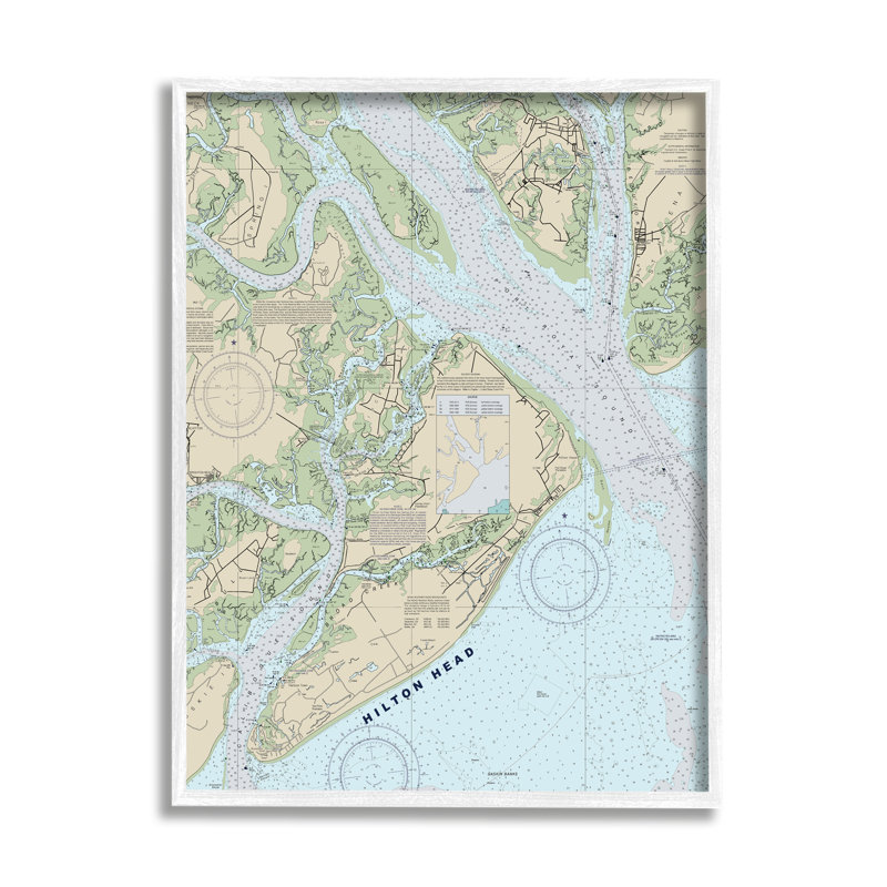«Hilton Head South Carolina Coastal Nautical Map», H 30 po x l 24 po, Giclée encadrée blanc bord de mer