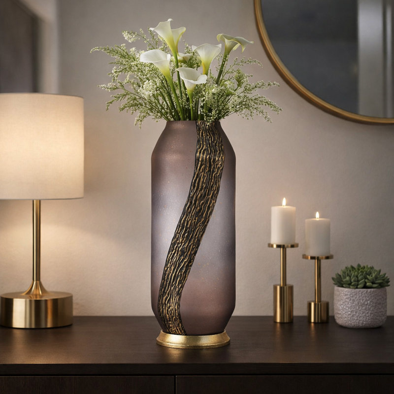 Vase en verre texturé cylindrique avec base pour décoration intérieure - Grand vase décoratif de table pour salon - rose et or