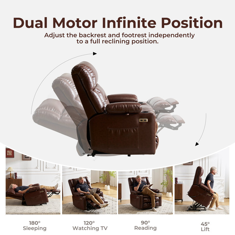 Dual-Motor Electric Lift Massage Heating Recliner with Armrest Storage, Brown, Brown