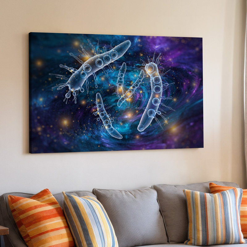 Toile, une scène cosmique envoûtante représentant une vaste étendue d'art mural profond avec des microorganismes translucides complexes