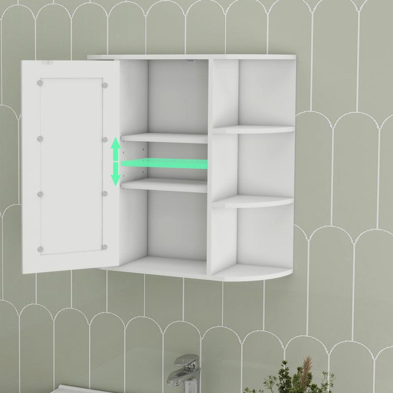 Armoire de salle de bain à miroir blanc - 6 tablettes ouvertes, 3 tablettes réglables à faible encombrement