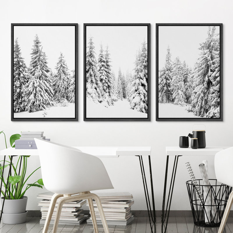 «Winter», neige recouverte de pin, forêt, paysage naturel, œuvre d'art moderne, photographie en noir et blanc, impression sur toile encadrée, 3 pièces, 3 pièces