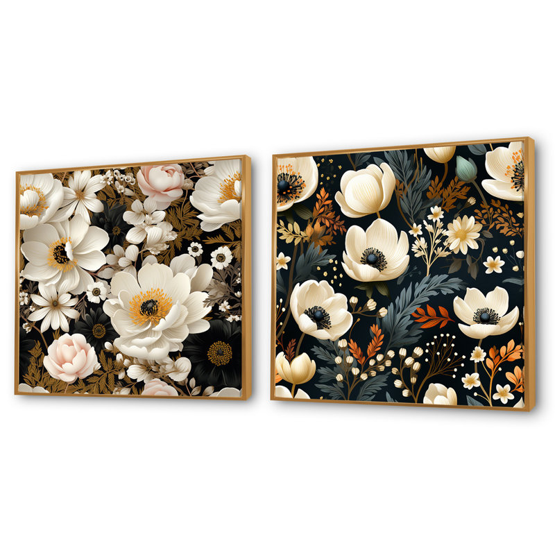 Savoy - Ensemble de 2 collages floraux carrés, Cadre flottant doré, H 30 po x l 61 po