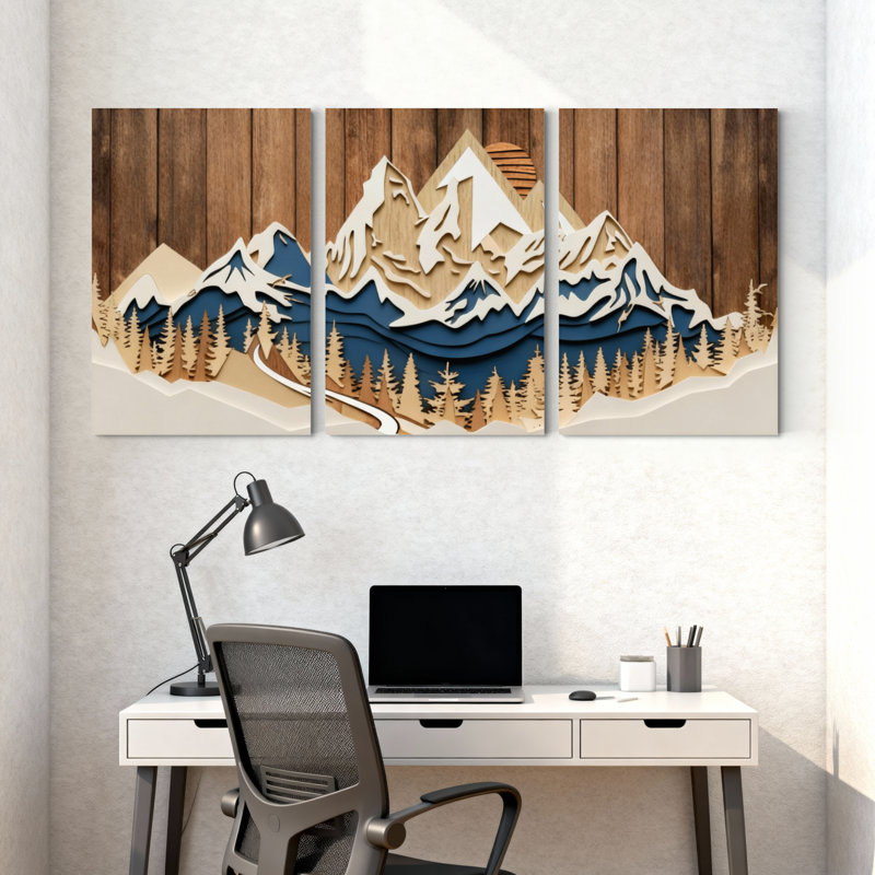 «Landscape & Nature Mountain Landscape with Snowy Peaks and Forest Reflection», ensemble de 3 impressions d'art sur toile