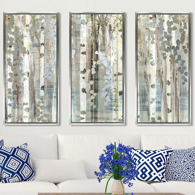 «Birch Wood Meadow» par Susan Jill, reproduction sur toile flottante 3 pièces, H 33,5 po x l 52,5 po x P 2 po