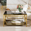 Table basse carrée en verre de 33,5 po, structure géométrique luxueuse en métal, finition dorée et tablette inférieure-150844951