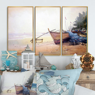 Bateaux de pêche dans le port - ensemble d'art mural sur toile encadré nautique et côtier de 3
