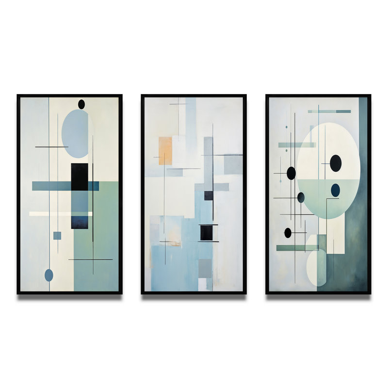 «Beige, sarcelle, suprématisme, harmonies spatiales», 3 pièces sur toile, Cadre noir, H 20 po x l 36 po
