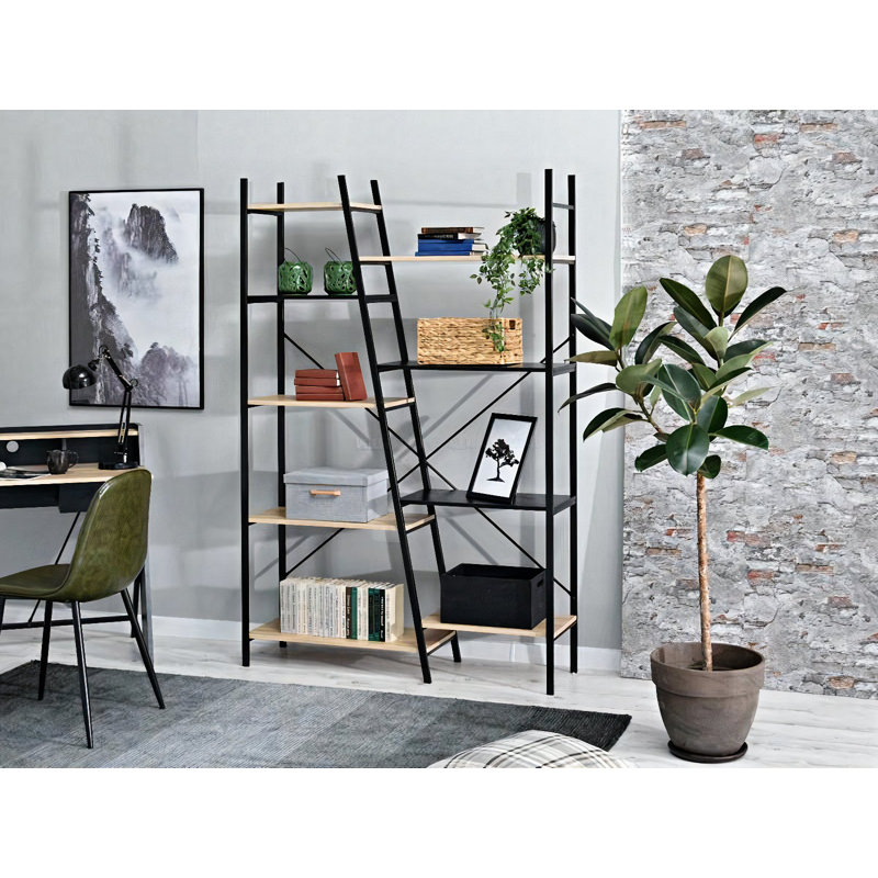 Dawnelle 188cm H x 121cm W Steel Bookcase, Oak, Black