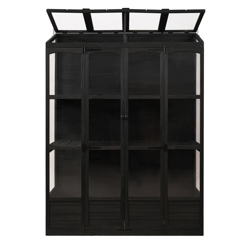 TOPMAX 78-Inch Wooden Greenhouse Cold Frame With 4 Independent Skylights And 2 Folding Middle Shelves, Walk-In Outdoor Greenhouse, Black