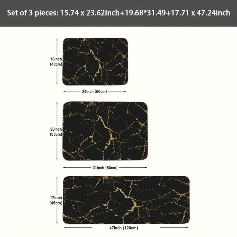 Tapis de cuisine en marbre noir et doré craquelé 3 pièces, élégant espace de travail pour la cuisine