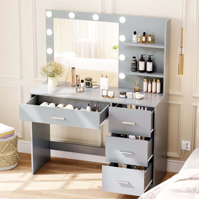 Ebern Designs Makeup Vanity Table with Lighted Mirror, Vanity Desk with 