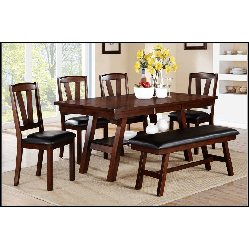 Ensemble de salle à manger 6 pièces de style transitionnel avec finition noyer, table spacieuse, 4 chaises d'appoint et banc polyvalent pour les maisons modernes