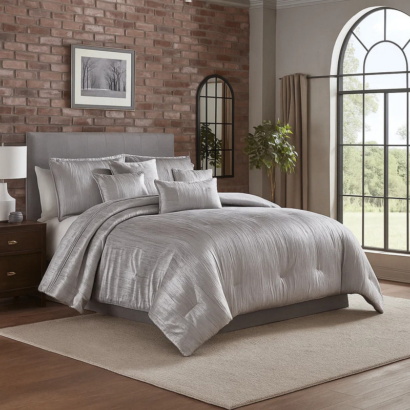 Ensemble d'édredon en tissu argenté 7 pièces , Édredon de très grande taille et 6 pièces suppl