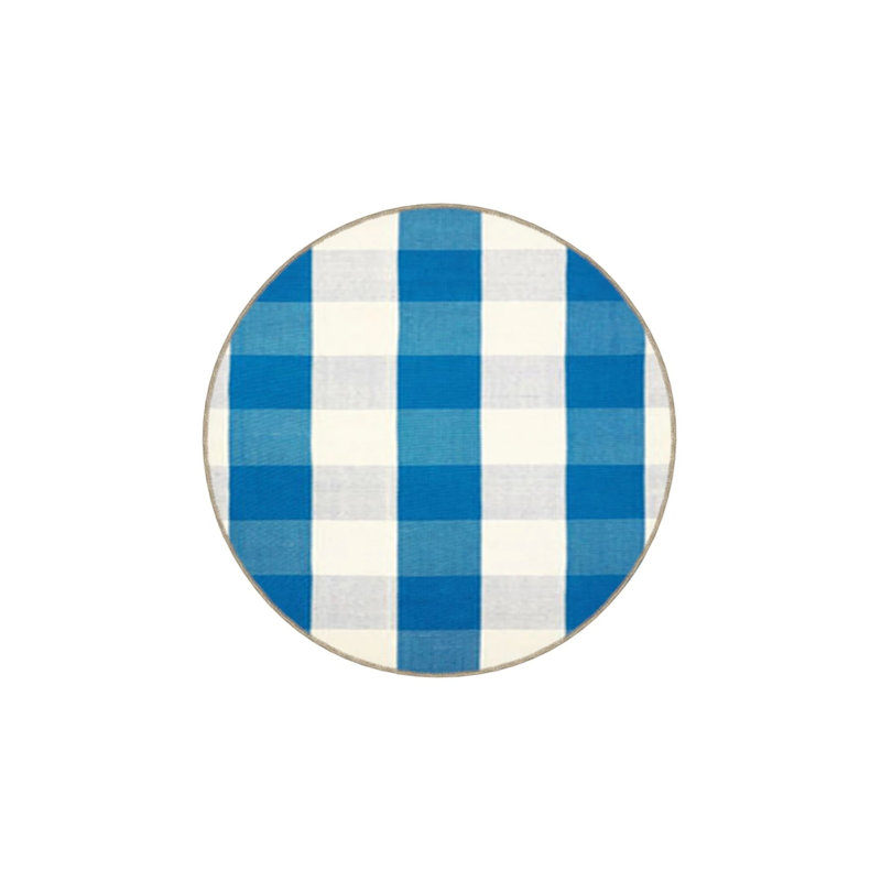 Blue Colored Geometric Patterned Decorative Carpet, Round 3'4"