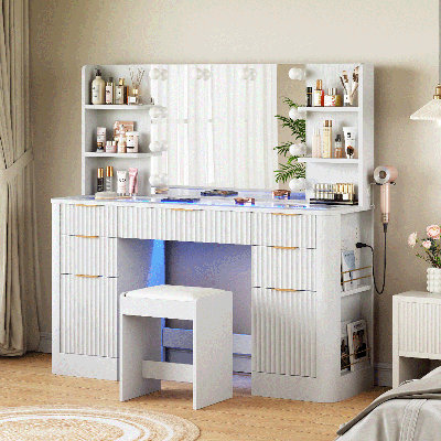 Ensemble de meuble-lavabo cannelé 51,8 po, grande table de maquillage avec plateau en verre RVB 360 couleurs, bureau de meuble-lavabo avec 7 tiroirs et prises de courant, pour les femmes et les filles, chambre ou dortoir, sorcière