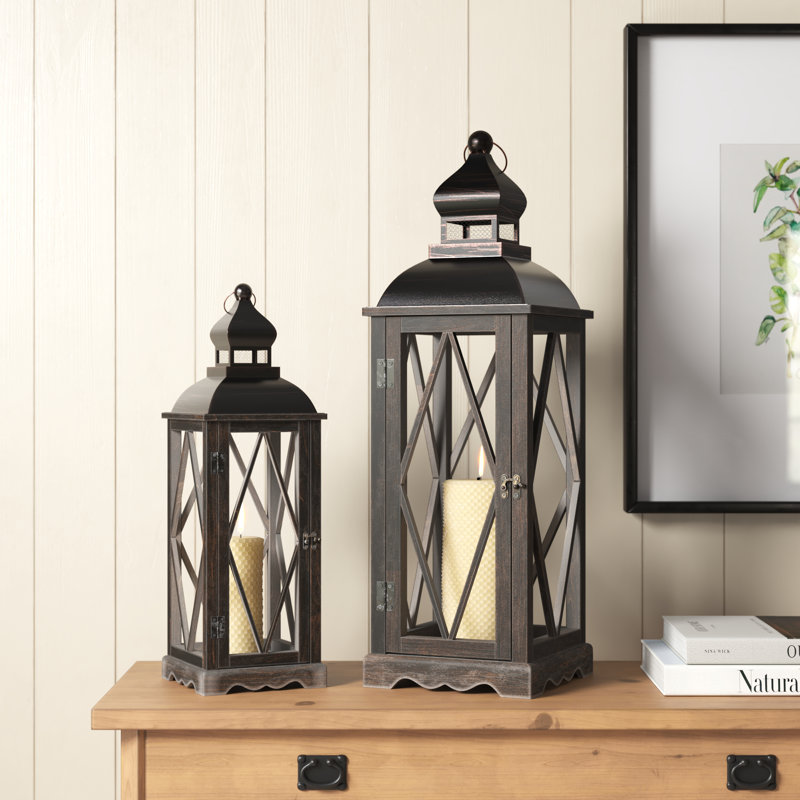 Medders Farmhouse Diamond Antique Tabletop Lantern Set, Black